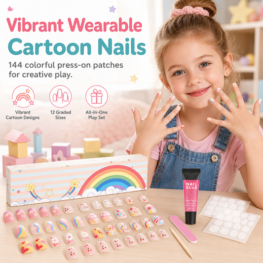 📢📢40% OFF !! ⏰Kids Handmade Press On Nails Set 144 Pieces Almond Shape Cartoon False Nail Tips