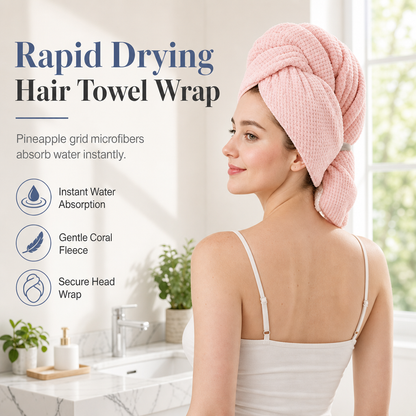 📢📢50% OFF !! ⏰Coral Fleece Hair Drying Towel for Women 60x100cm Pineapple Grid Absorbent Quick Drying Head Wrap Turban