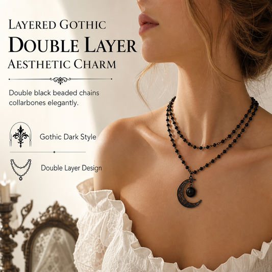 📢📢40% OFF !! ⏰Gothic Dark Crystal Beaded Chain Necklace with Hollow Out Moon Alloy Pendant