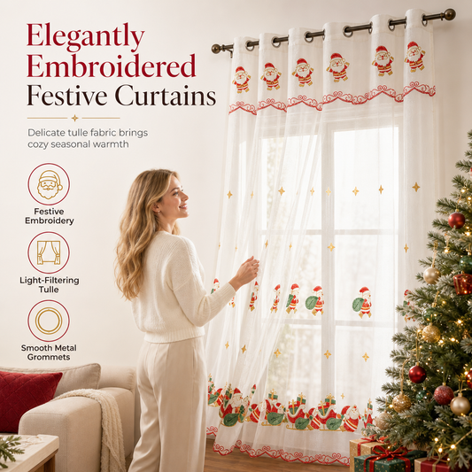 📢📢40% OFF !! ⏰Christmas Embroidered Sheer Window Curtain Panel with Snowflake and Bell Patterns