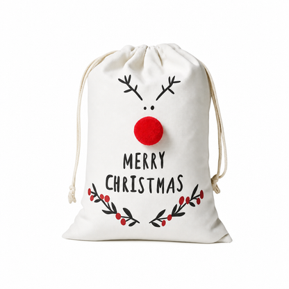 Christmas Cotton Linen Drawstring Gift Bags with Red Nosed Elk and Santa Claus Patterns for Holiday Candy and Favors 15x20cm