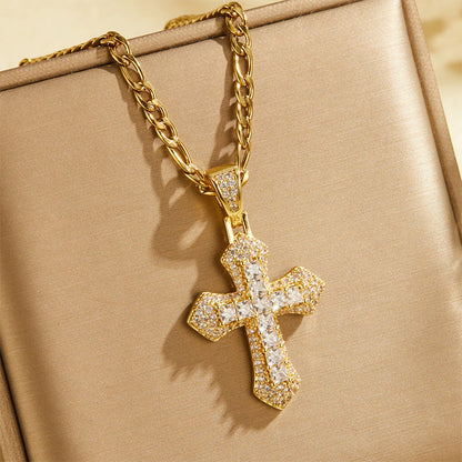 Hip Hop Double Layer Baguette Rhinestone Cross Brass with Figaro Chain